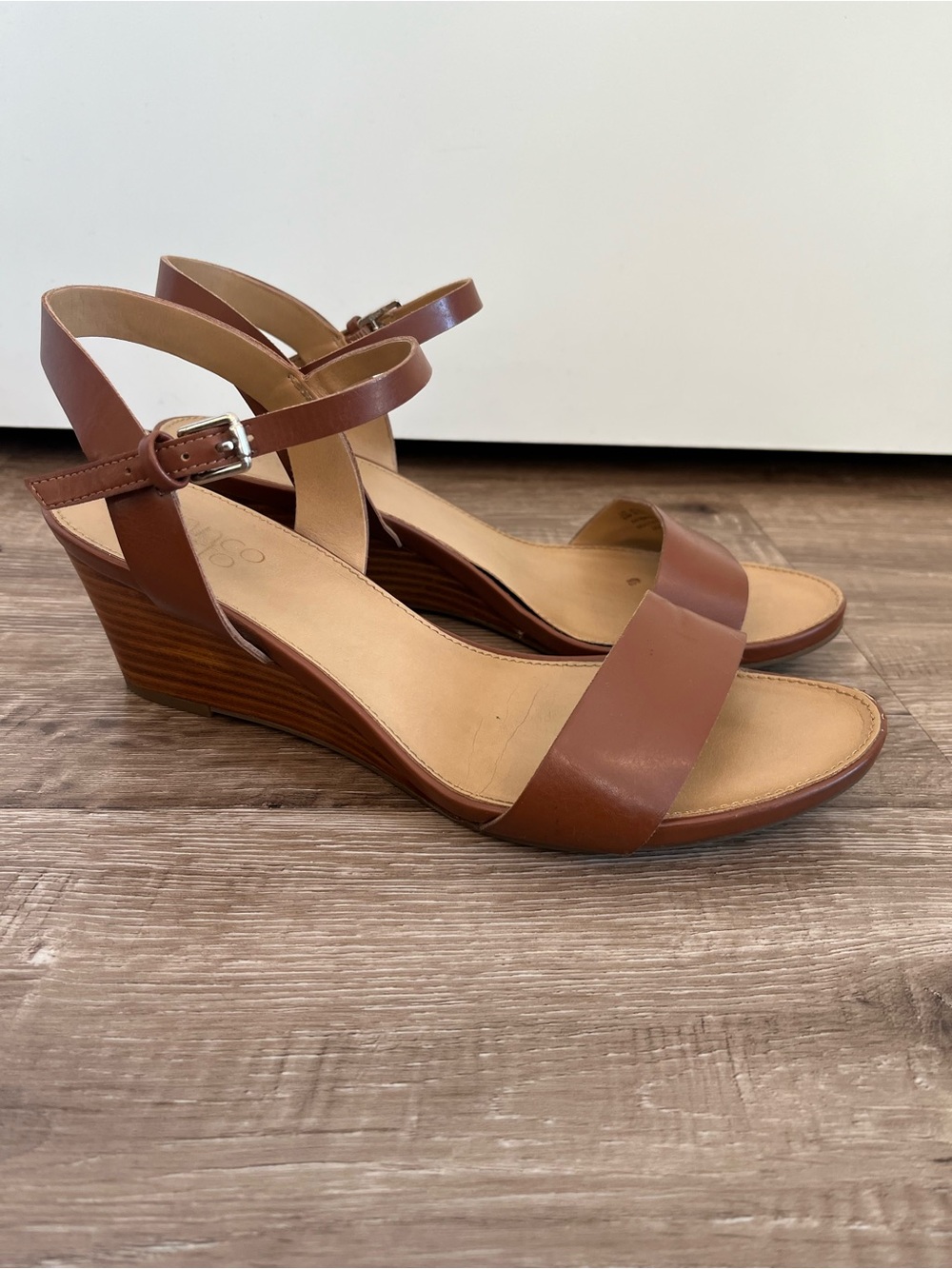 Franco Sarto Dulce Brown Wedge Sandals 3” Heel Ankle Strap Women’s 8.5